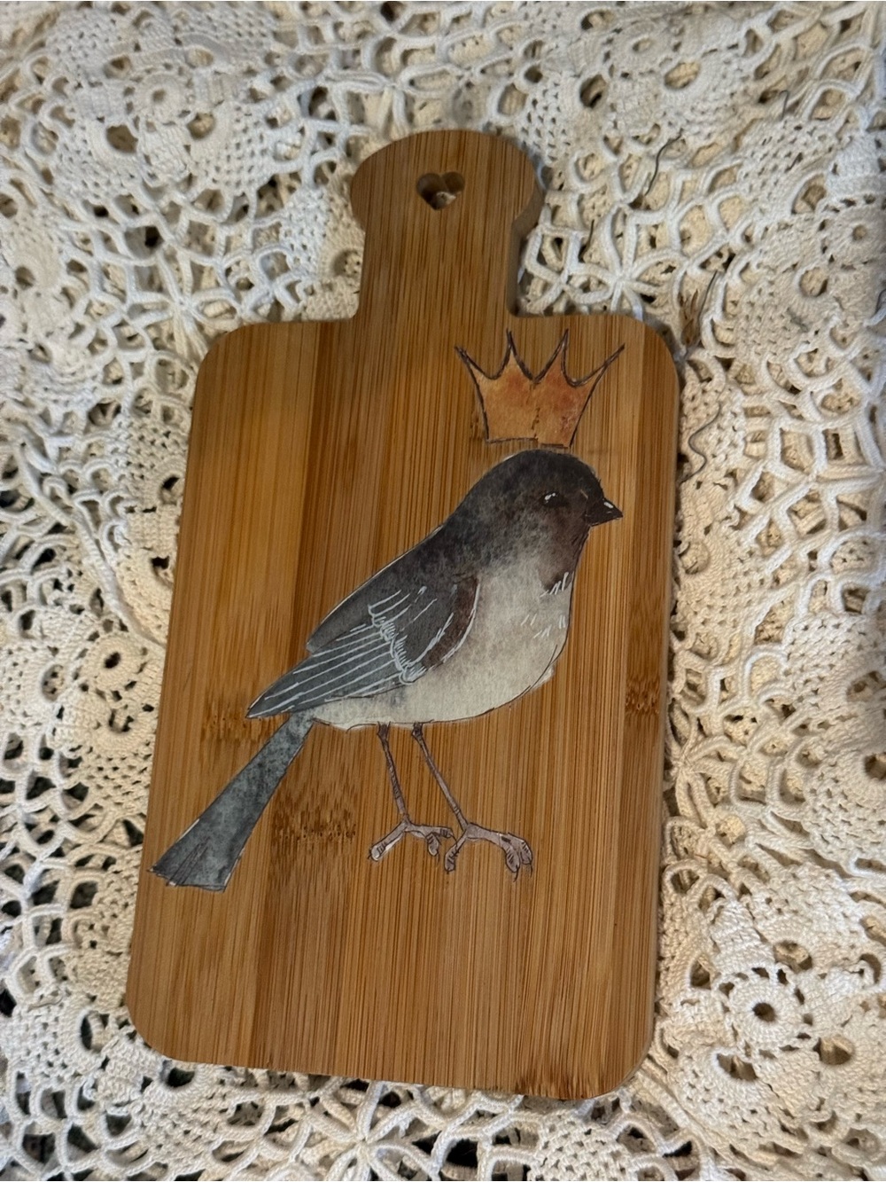 Source Unknown Bamboo Serving Board with Brown and Black Crowned Bird